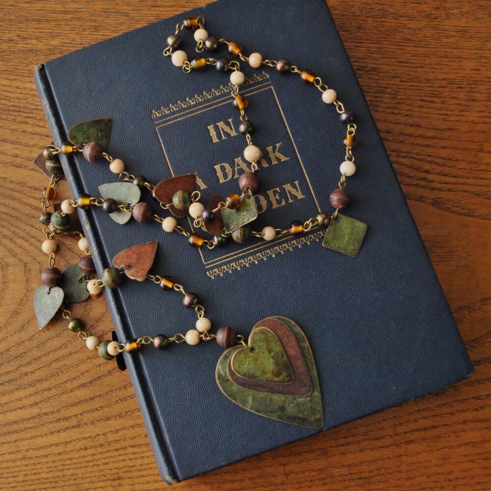 Vintage Artisan Long Beaded Heart Necklace